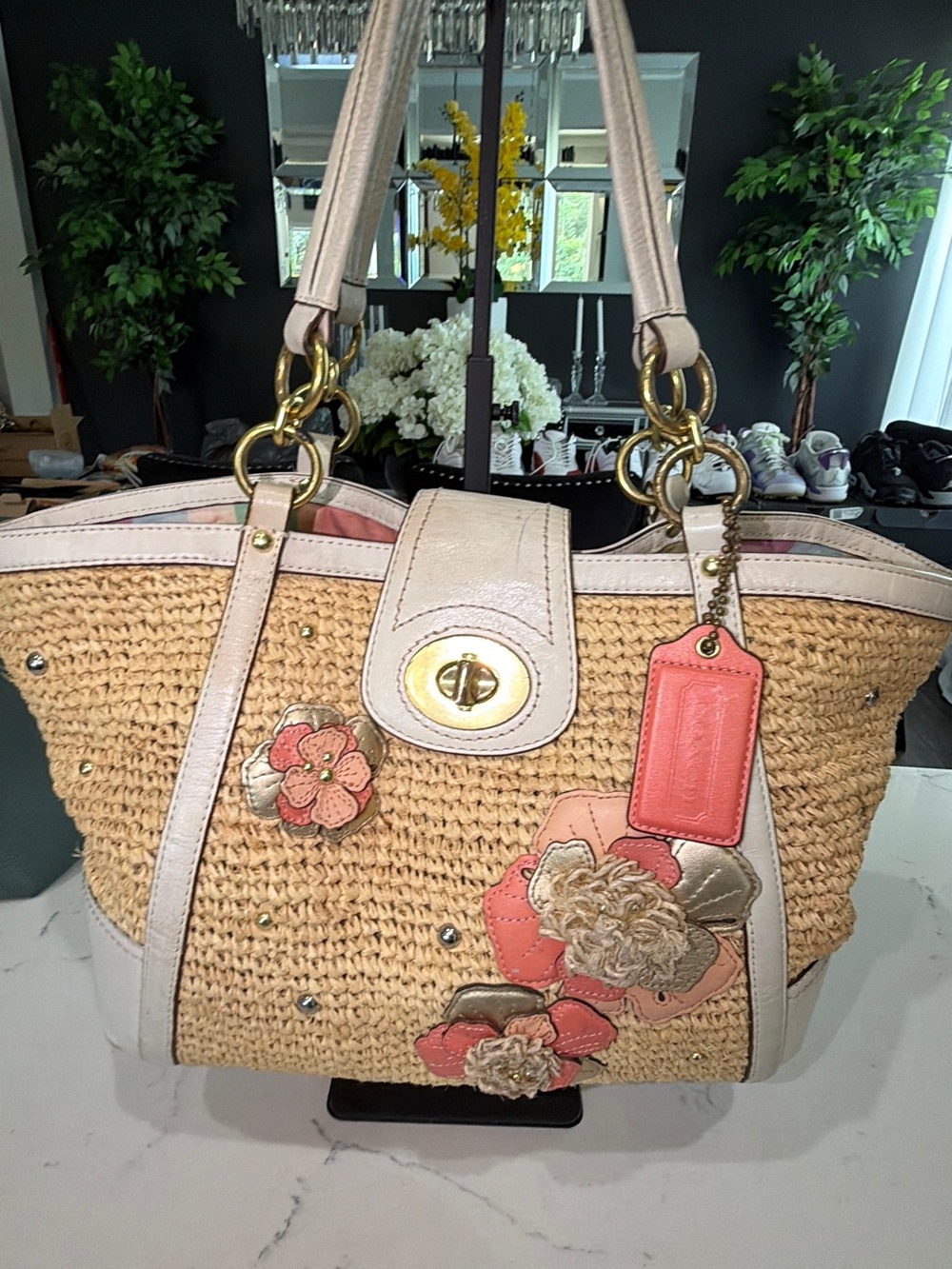 Coach Straw Tote with Pink Floral Patchwork and Cream Trim